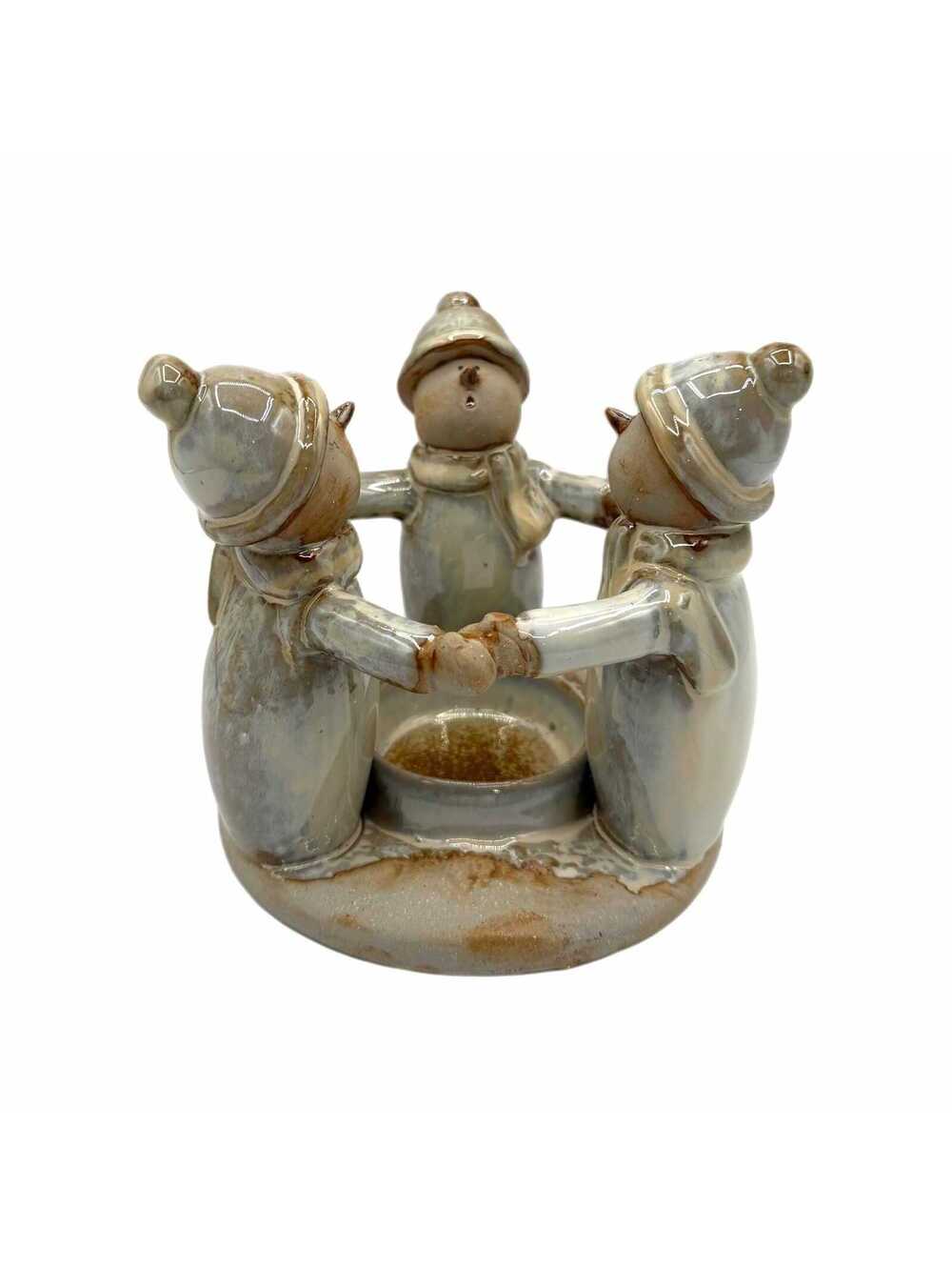Vintage Circle of Snowmen Holding Hands Glazed Ceramic Candle Holder